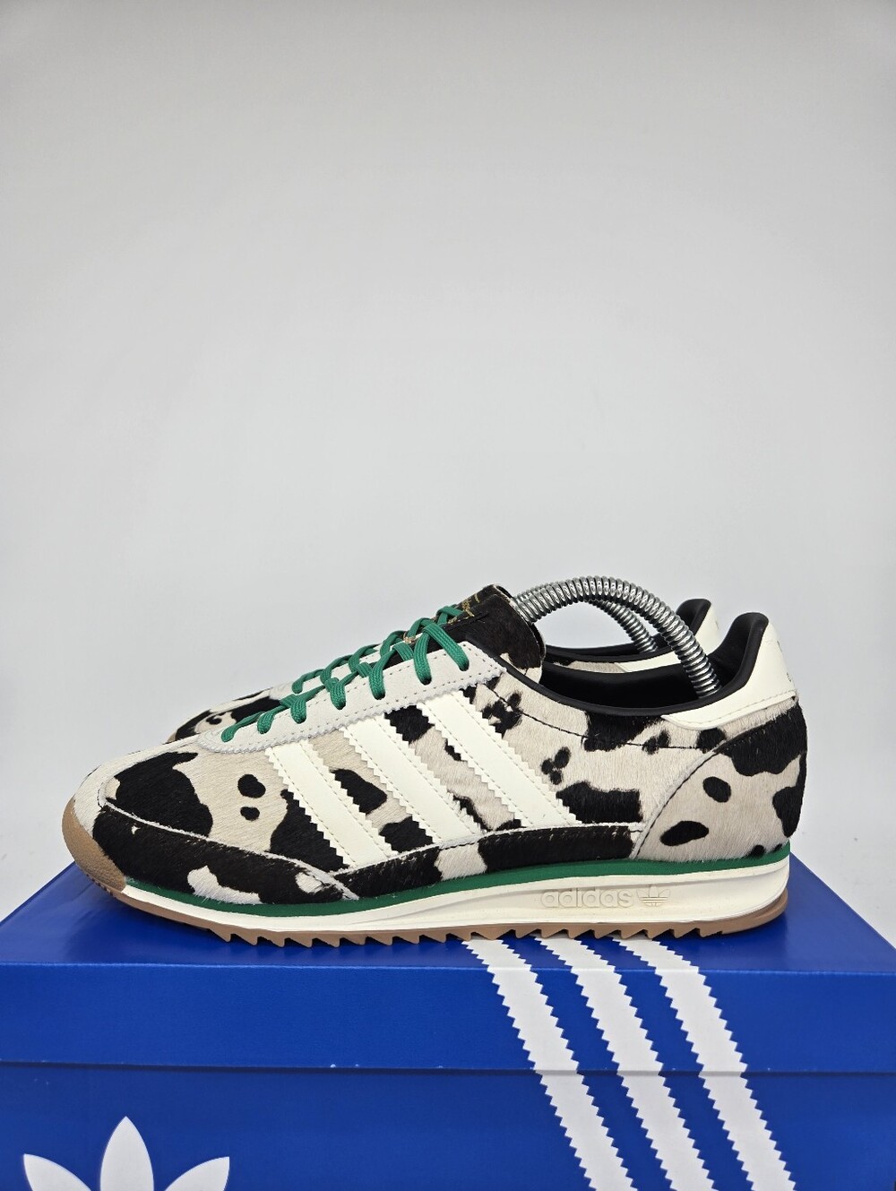 NWT adidas Women's Black and White Cow Print Athletic Shoes with Green Accents